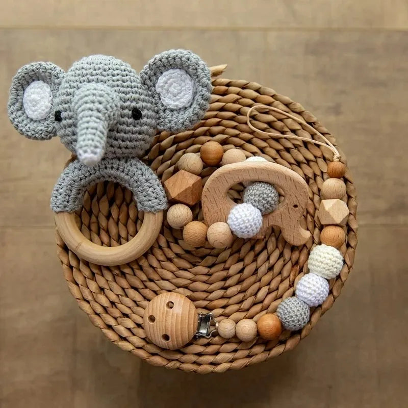 1set Baby Rattle Wooden Crochet Elephant Bells Music Teething Bracelet Pacifier Dummy Clips Gym Play Rodent Baby Products Toy