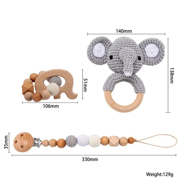 1set Baby Rattle Wooden Crochet Elephant Bells Music Teething Bracelet Pacifier Dummy Clips Gym Play Rodent Baby Products Toy