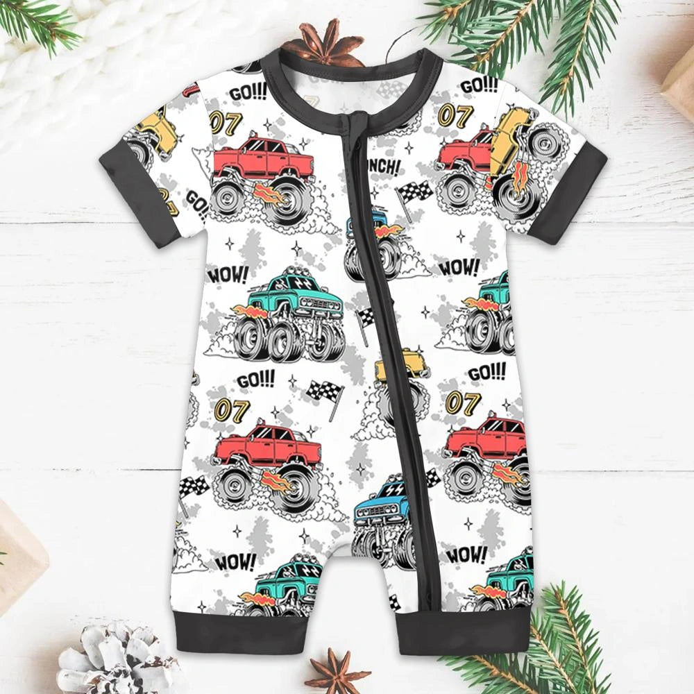 Baby Monster Truck Zippy In White With Black Zipper Short Sleeved for Snug Fit and Style 1