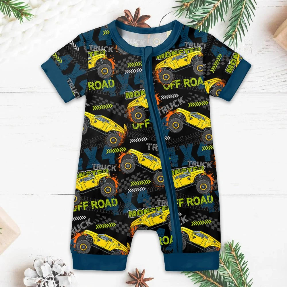 Baby Monster Truck Zippy In Black With Aegean Zipper Short Sleeved for Snug Fit and Style