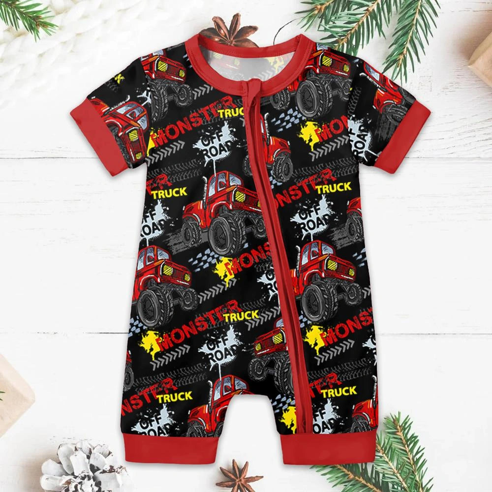 Baby Monster Truck Zippy In Black With Red Zipper Short Sleeved for Snug Fit and Style