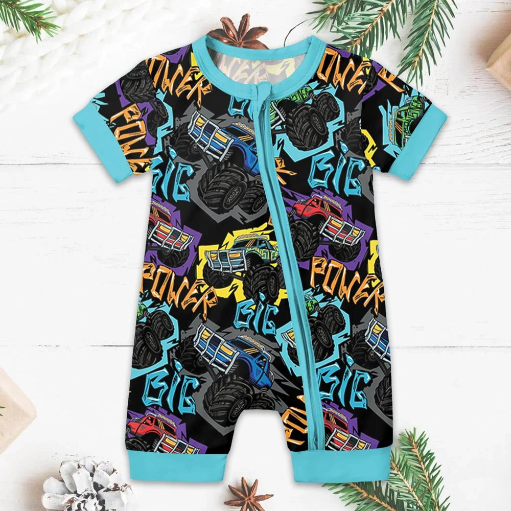Baby Monster Truck Zippy In Black With Arctic Zipper Short Sleeved for Snug Fit and Style
