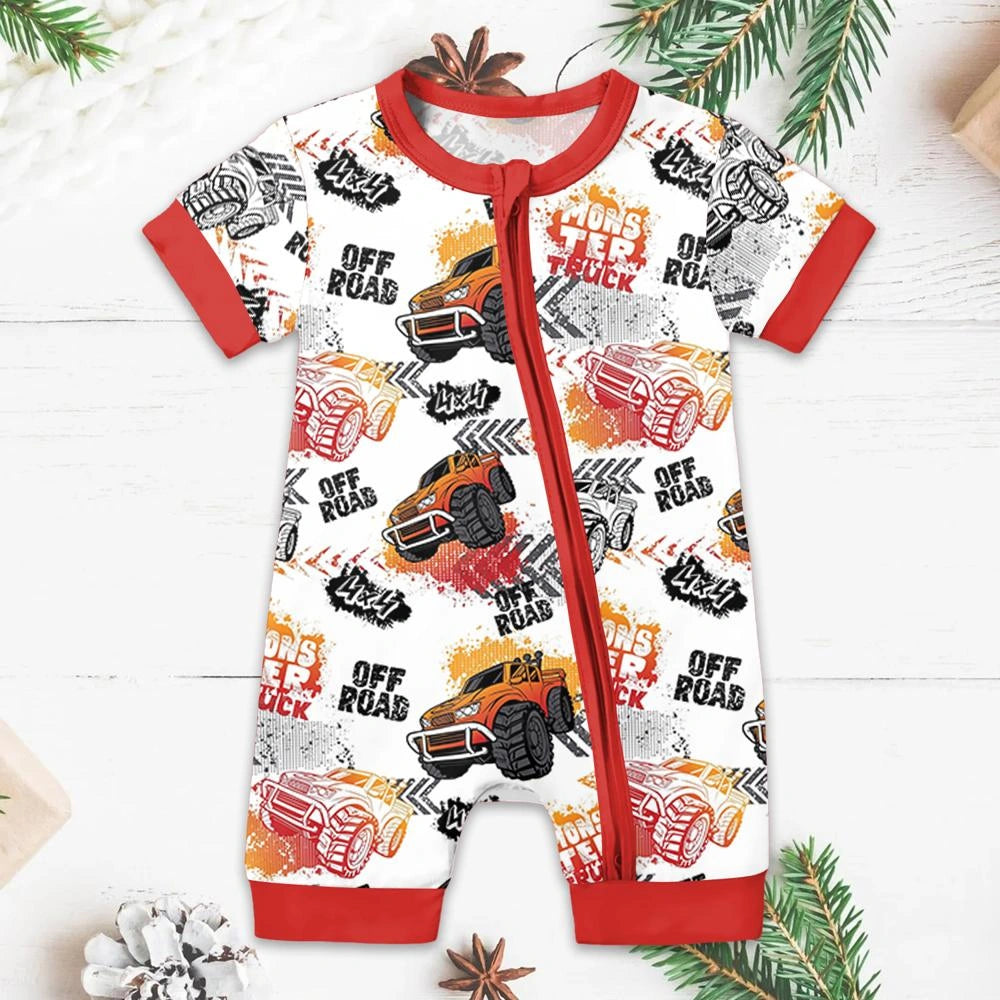 Baby Monster Truck Zippy In White With Black Zipper Short Sleeved for Snug Fit and Style 1 - 3-6M