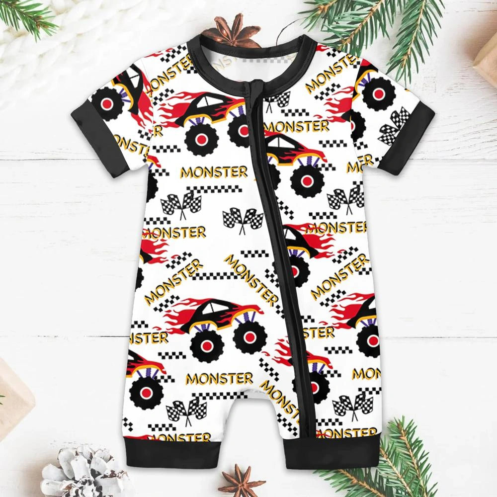 Baby Monster Truck Zippy In White With Black Zipper Short Sleeved for Snug Fit and Style 2