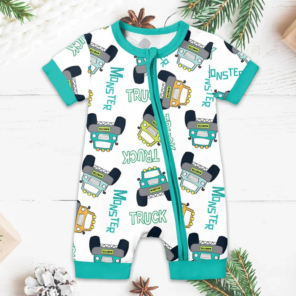 Baby Monster Truck Zippy In White With Black Zipper Short Sleeved for Snug Fit and Style 1 - 2T