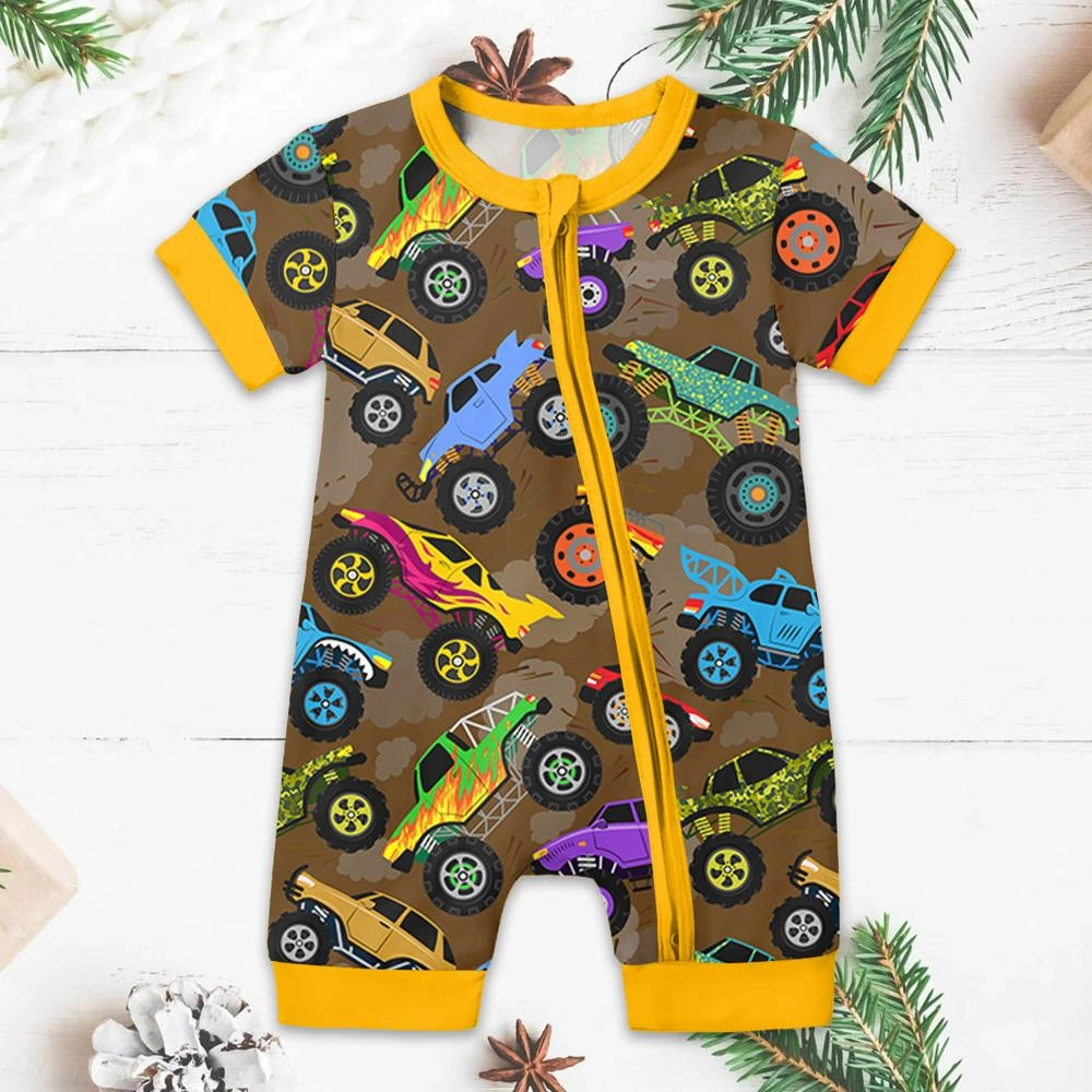 Baby Monster Truck Zippy In Brown Short Sleeved with Adorable Details 1