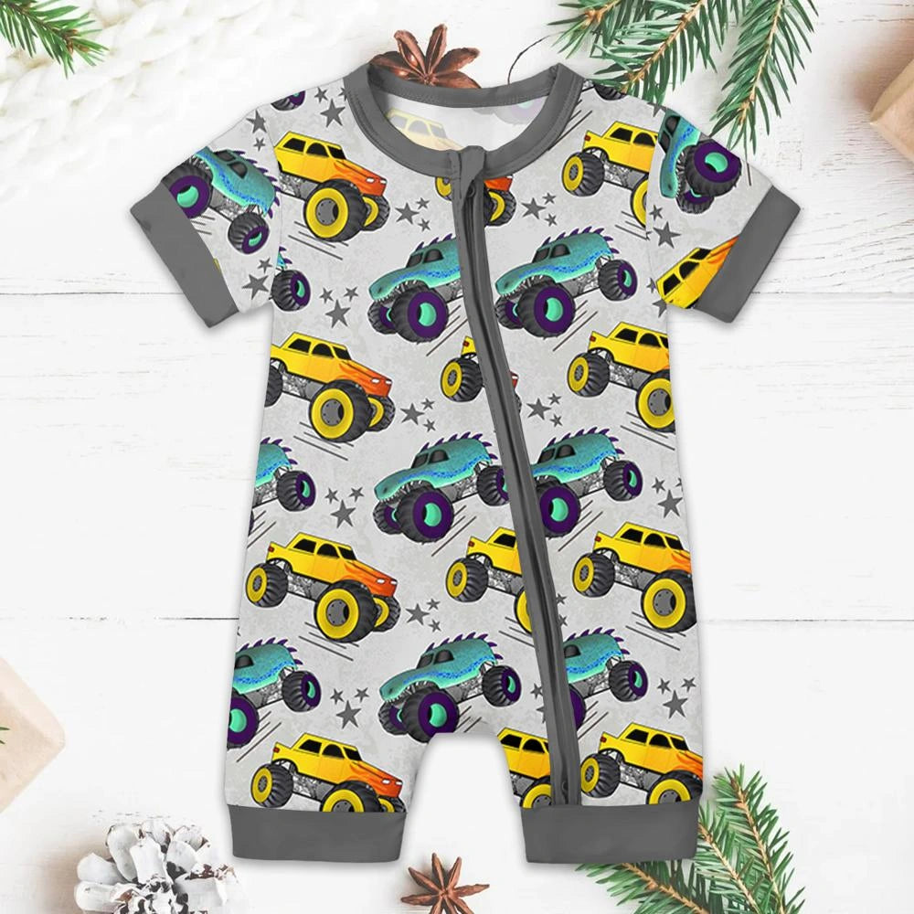 Baby Monster Truck Zippy In White With Black Zipper Long Sleeved for Snug Fit and Style 1 - 12-18M