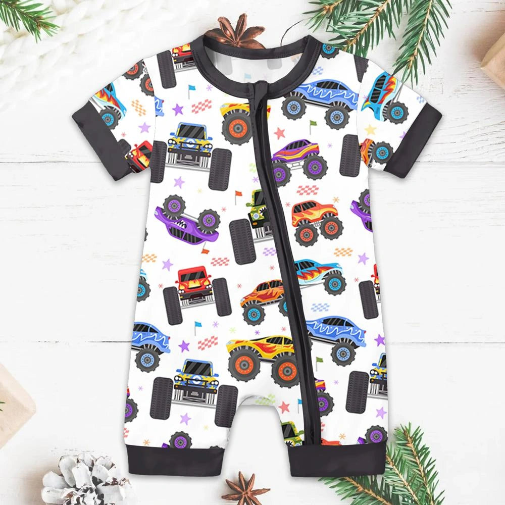 Baby Monster Truck Zippy In White With Black Zipper Short Sleeved for Snug Fit and Style