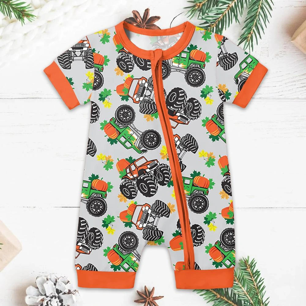Baby Monster Truck Zippy In Grey With Orange Short Sleeved for Snug Fit and Style