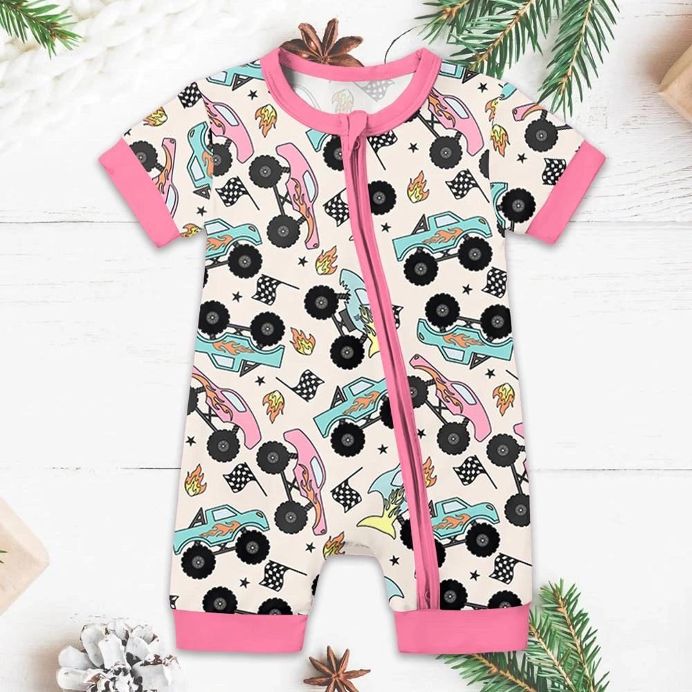 Baby Monster Truck Zippy In Beige With Pink Short Sleeved for Snug Fit and Style