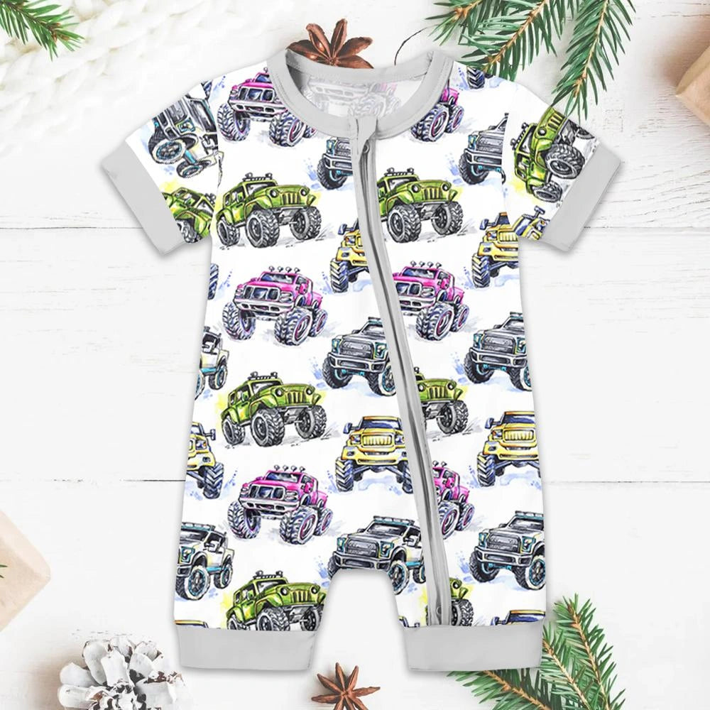Baby Monster Truck Zippy In Grey Short Sleeved for Snug Fit and Style - 2T