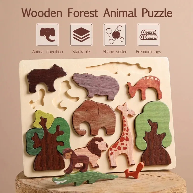 Baby Toys 3d Wooden Puzzle Forest Animals Jigsaw Puzzle Board Early Educational Montessori Wooden Toys for Children Gifts