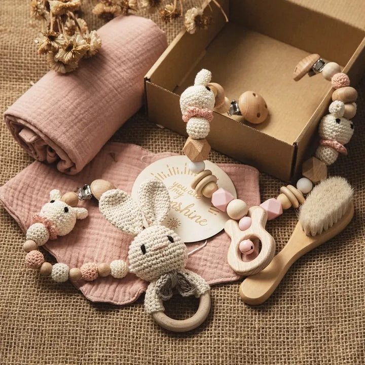 Newborn Bath Toy Set Double Sided Cotton Blanket Crochet Rattle Stroller Toys Animal Teething Bracelet Baby Birth Gift Product