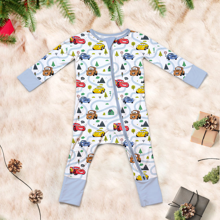 Cars Movie Lightning Mcqueen Convertible Zippered Romper in Sky Blue